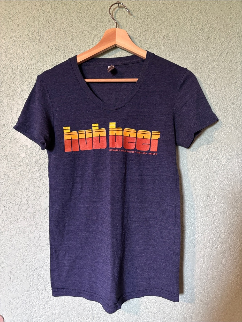 American Apparel Slim Fit Logo Tee in Navy with Sunset Hub Beer Graphic Womens M